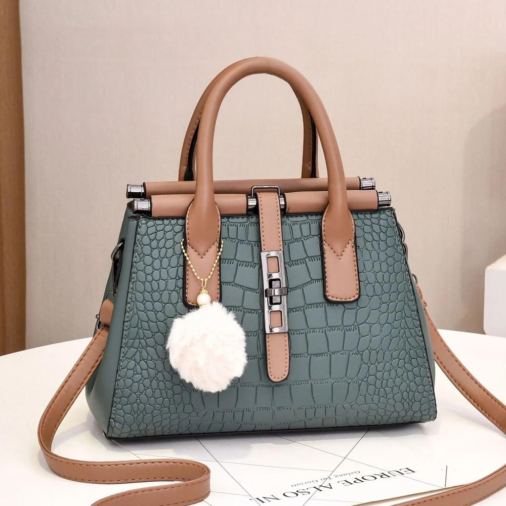 Green Croc-Embossed Satchel with Tan Trim